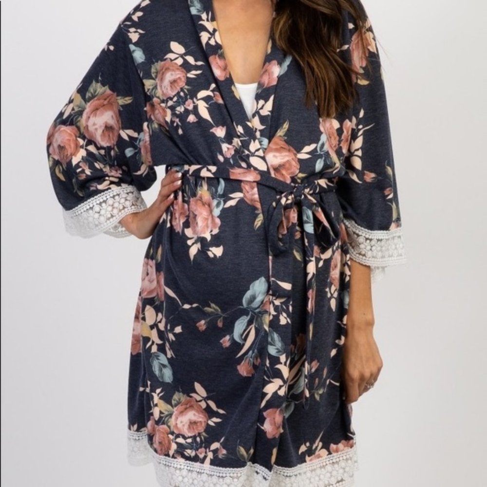 PinkBlush Maternity Robe Floral Lace Small Navy